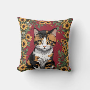 Cojín Decorativo Gato Calico de Maryland y Flores de Susana de Ojos