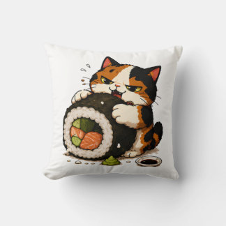 Cojín Decorativo Gato Calico Gruñón Amante del Sushi 