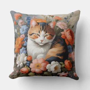 Cojín Decorativo Gato calico lindo y flores