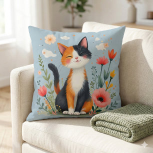 Cojín Decorativo Gato Calico Sonriente en Jardín Florido