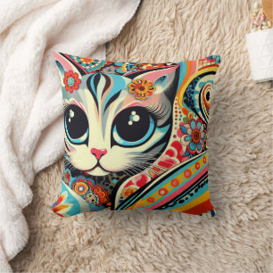 Cojín Decorativo Gato caprichoso arte folclórico mexicano estilo Ta