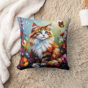 Cojín Decorativo Gato caprichoso lindo, flores y mariposas