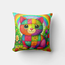 Cojín Decorativo Gato Colorido Caprichoso de Parche Mosaico Arcoíri