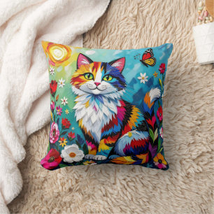 Cojín Decorativo Gato Colorido y Mariposa