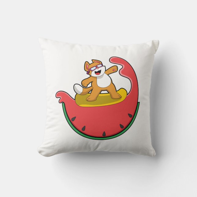 Cojín Decorativo Gato como surfista con sandía (Anverso)