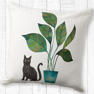 Cojín Decorativo Gato con acuarela de planta pulida