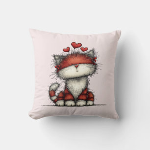 Cojín Decorativo Gato con Corazones de Amor Rojo Lindo y Divertido