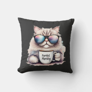Cojín Decorativo gato con gafas de sol y sosteniendo una taza de ca