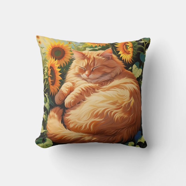 Cojín Decorativo Gato con Naranja de grasa dormido con girasoles (Anverso)
