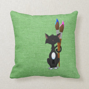 Cojín Decorativo Gato Con Pinceles De Pintura En Verde