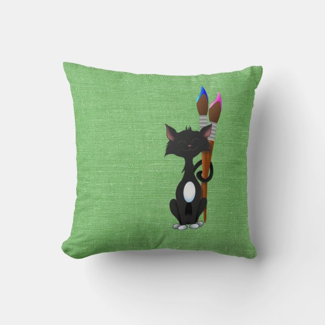 Cojín Decorativo Gato con pinceles sobre verde (Anverso)