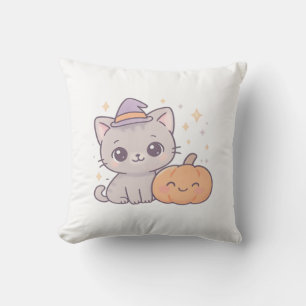 Cojín Decorativo Gato con sombrero de bruja y calabaza sonriente, a