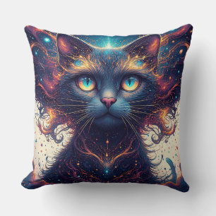 Cojín Decorativo Gato Cósmico Vibrante con Ojos Brillantes