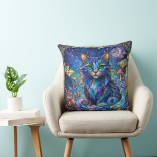 Cojín Decorativo Gato Cósmico Vidrio Emplomado Surrealista Ojos Ver