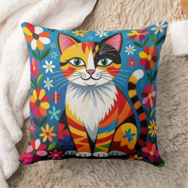 Cojín Decorativo Gato de arte popular boho, flores y mariposa