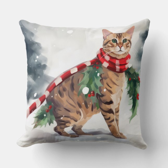 Cojín Decorativo Gato de Bengala en Navidades de nieve (Anverso)
