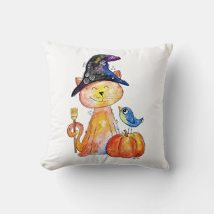 Cojín Decorativo Gato de bruja caprichoso lindo con calabaza