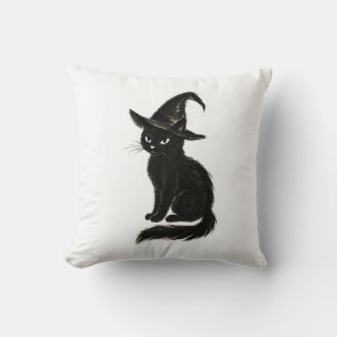 Cojín Decorativo Gato de Bruja – Ilustración de Halloween con Tinta