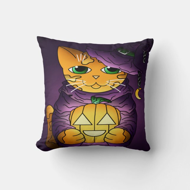 Cojín Decorativo Gato de bruja morado de Halloween (Anverso)