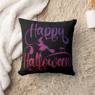 Cojín Decorativo Gato de bruja voladora feliz gradiente de Hallowee