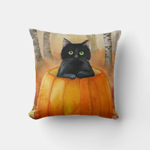 Cojín Decorativo Gato de color de agua negro en la calabaza del bos