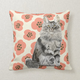 Cojín Decorativo Gato de Coon gris floral rosado de Maine