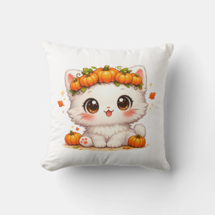 Cojín Decorativo Gato de Corona de Calabaza Kawaii – Gato Otoñal Ad