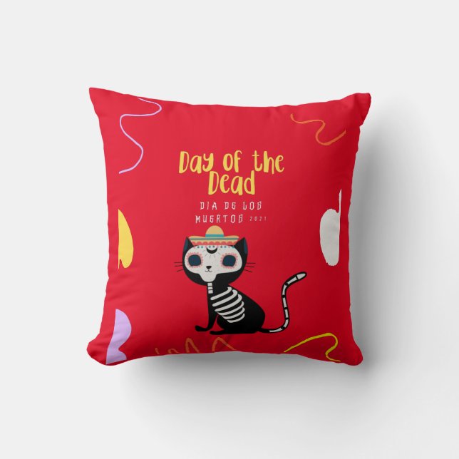 Cojín Decorativo Gato de cráneo de azúcar muerto (Anverso)