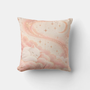 Cojín Decorativo Gato de Crema Nube Rosa Estrellada