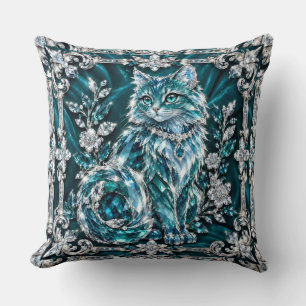 Cojín Decorativo Gato de Cristal Turquesa de Lujo Marco de Plata