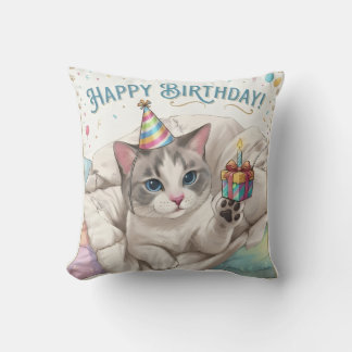 Cojín Decorativo Gato de cumpleaños lindo con sombrero de fiesta y