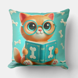Cojín Decorativo Gato de dibujos animados adorable leyendo un libro