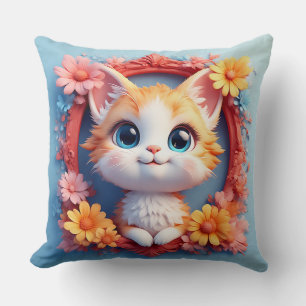 Cojín Decorativo Gato de dibujos animados adorable rodeado de flore