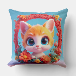 Cojín Decorativo Gato de dibujos animados adorable rodeado de flore