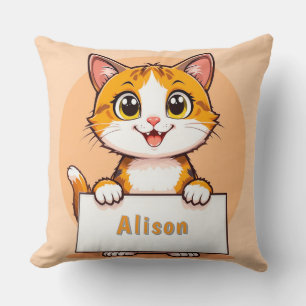 Cojín Decorativo Gato de dibujos animados lindo sosteniendo una señ