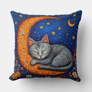 Cojín Decorativo Gato de dibujos animados y luna