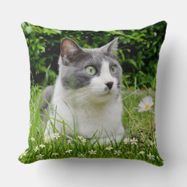 Cojín Decorativo Gato de esmoquin gris y blanco y flores
