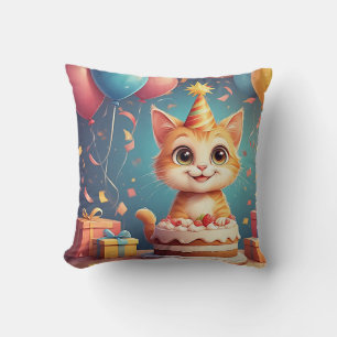Cojín Decorativo Gato de fiesta adorable con pastel y globos