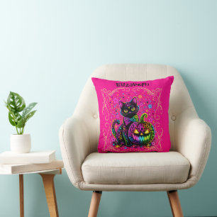 Cojín Decorativo Gato de Halloween de Leopardo de Neón y Fiesta de