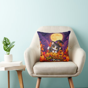 Cojín Decorativo Gato de Halloween Lindo Otoño Calabazas y Maullido