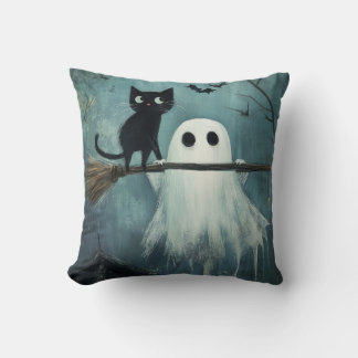 Cojín Decorativo Gato de Halloween y fantasma vuelan en la sala