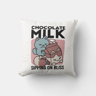 Cojín Decorativo Gato de Leche Chocolate Kawaii – Bebida Acogedora