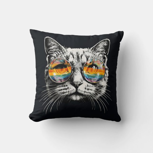 Cojín Decorativo gato de moda con gafas de arco iris (Anverso)