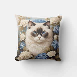Cojín Decorativo Gato De Ragdoll Con Flores De Hidrangea Azul