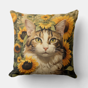 COJÍN DECORATIVO GATO DE TABBY MARRONES Y BLANCOS CON FLORES DE BON