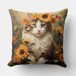 COJÍN DECORATIVO GATO DE TABBY MARRONES Y BLANCOS CON FLORES DE BON