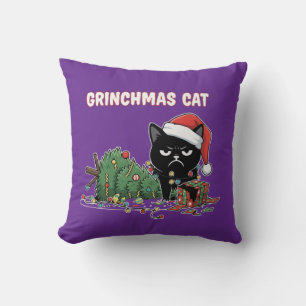 Cojín Decorativo Gato divertido de Grinchmas Navidad de gato negr