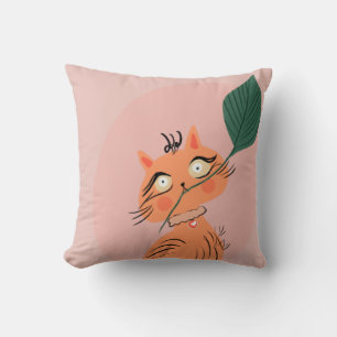 Cojín Decorativo Gato Divertido Hoja de Planta Dibujo Animado