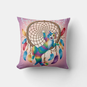 Cojín Decorativo Gato Dreamcatcher: Fantasía en la mesa del arcoiri