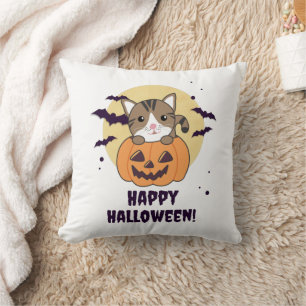 Cojín Decorativo Gato En Calabaza Gatos Dulces Feliz Halloween